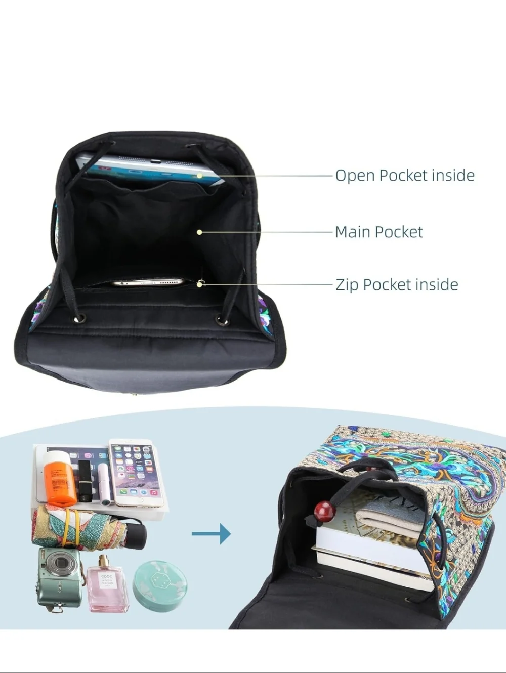 💙 Embroidered Boho Black & Blue Floral Backpack and Crossbody Purse 2pc